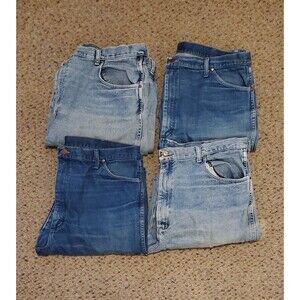 Vintage Wrangler Jeans Mens 42x34 Blue Distressed Work Fray Two Styles, Lot of 4